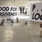 AR dogs and wolves with big signs "blood for forgiveness"