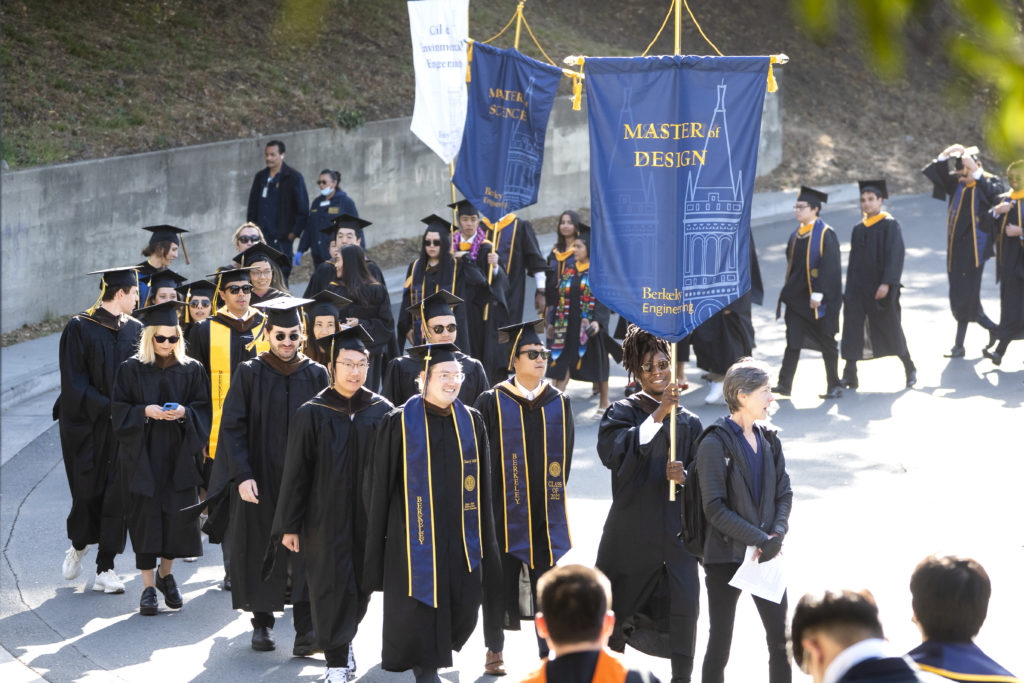 students walking in line to commencement at UC Berkeley